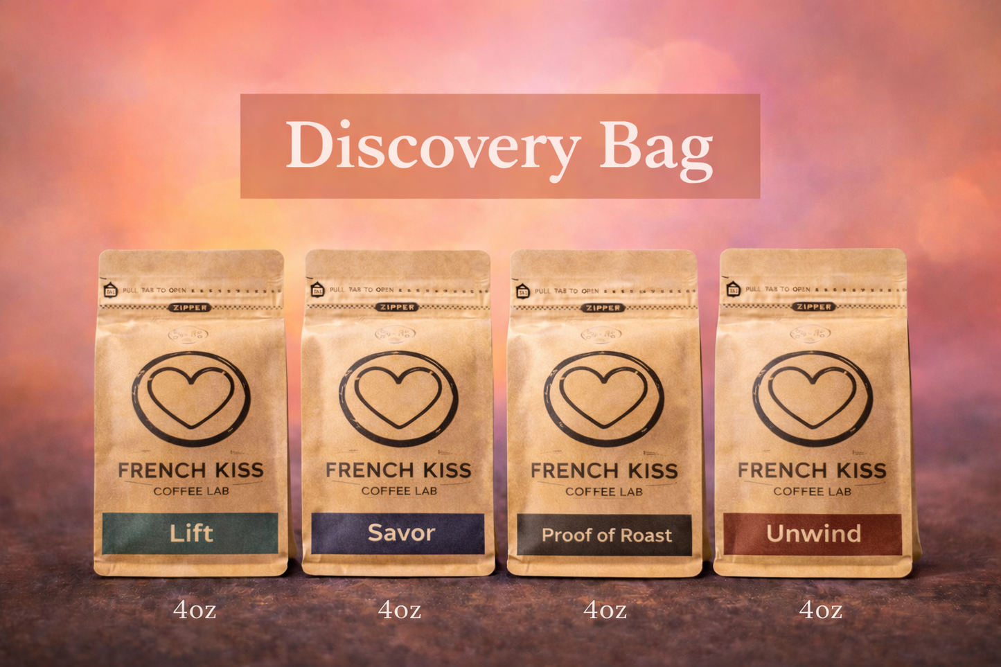 Four coffee bags from French Kiss Coffee Lab with different roasts on a gradient background